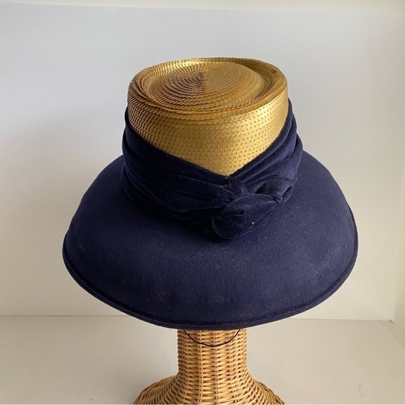 Vintage 90s Whittall & Shon Wool Sequin Hat Navy Blue Gold Wide Brim - Picture 13 of 14
